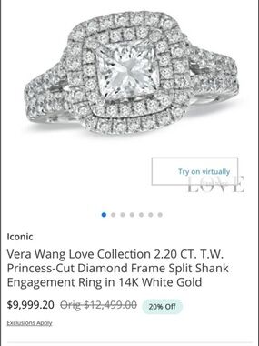 Vera Wang Diamond Engagement Ring - Princess Cut 14k White Gold Size 7